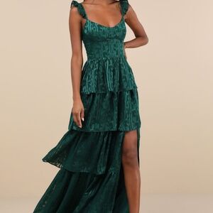 Lulus Stunning Glory Hunter Green Floral Jacquard Tiered Maxi Dress - Size M